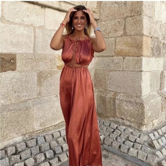 Zara Dresses & Skirts - Zara satin effect cut out Marsala burnt pink sleeveless sexy maxi dress sz M